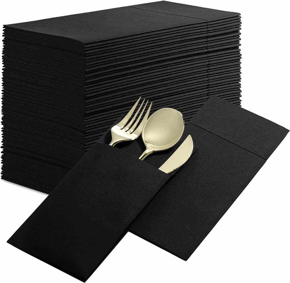 Disposable Linen-Feel Dinner Napkins with Built-in Flatware Pocket, 50-Pack BLACK Prefolded Cloth... | Amazon (US)