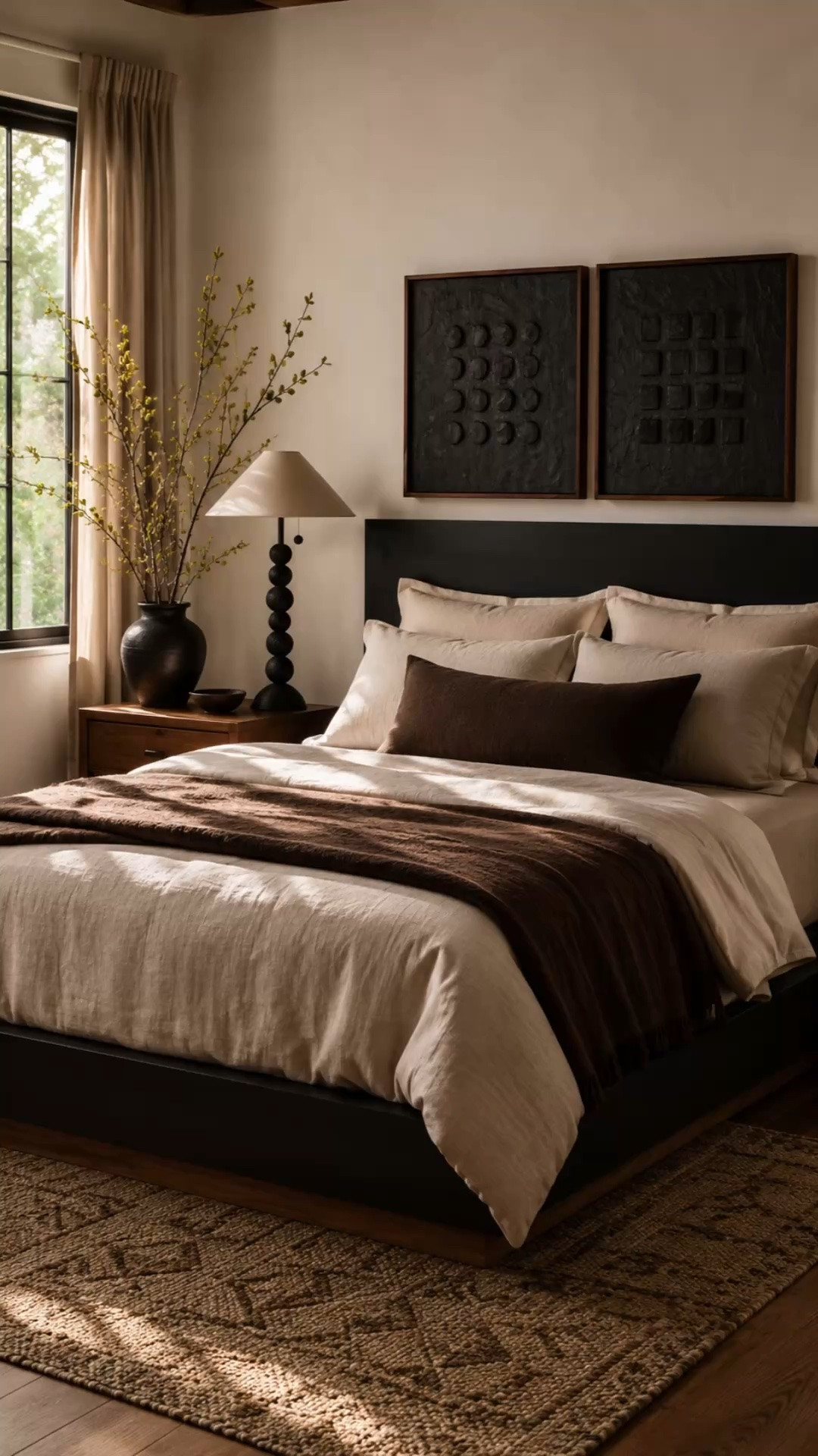This bedroom feels like a deep exhale 🤎

Moody black accents, warm wood tones, layered neutrals, and soft lighting made this space feel equal parts cozy and elevated. The lamp and textured artwork completely changed the mood of the room without overwhelming it.

Proof that a neutral bedroom never has to feel boring.

#LTKHome #LTKSaleAlert #LTKSeasonal