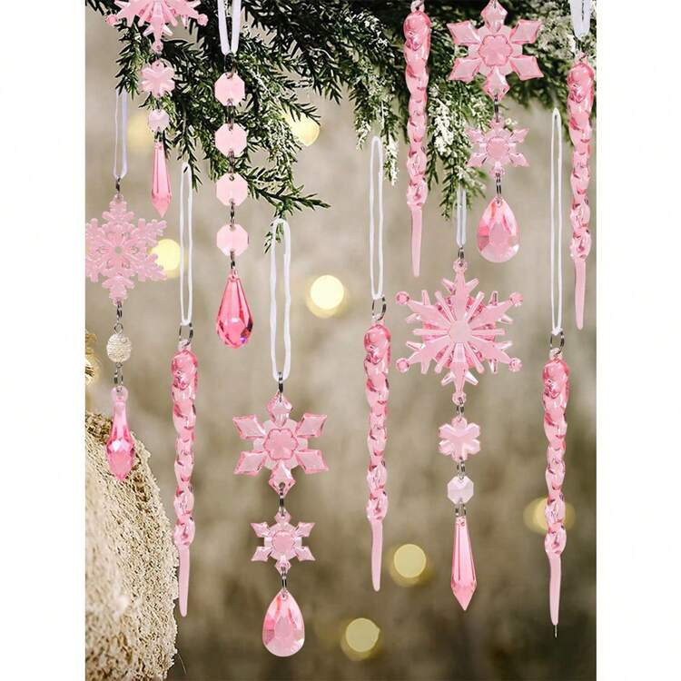 Christmas Crystal Pendant, Merry Christmas Pink Acrylic Snowflake Hanging Ornament, Christmas Tree Decoration Pendant, Xmas Decor, Christmas Decorations For Home, Christmas Party Favors, Xmas Party Supplies, Wall Decor, Door Decor, Room Decor, Window Decor, Winter Decorations, Ideal Christmas Gifts For Your Family, New Year Party Decor | SHEIN