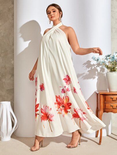 SHEIN Plus Floral Print Tie Backless Halter Dress | SHEIN