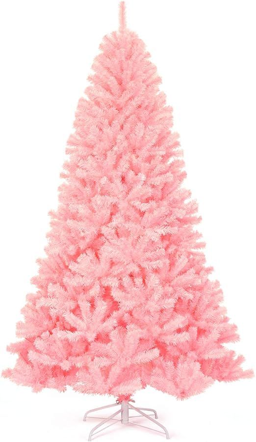 Goplus 7.5ft Unlit Pink Artificial Christmas Tree, Hinged Spruce Full Tree with Metal Stand, 100%... | Amazon (US)