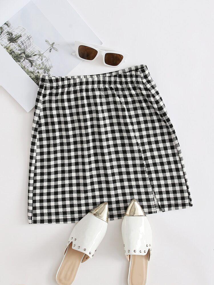 SHEIN Split Hem Gingham Skirt | SHEIN