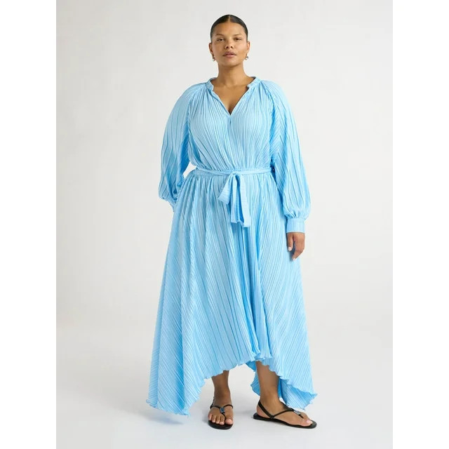Scoop Women’s and Women's Plus Pleated Handkerchief Hem Dress with Long Sleeves, Sizes XS-4X | Walmart (US)