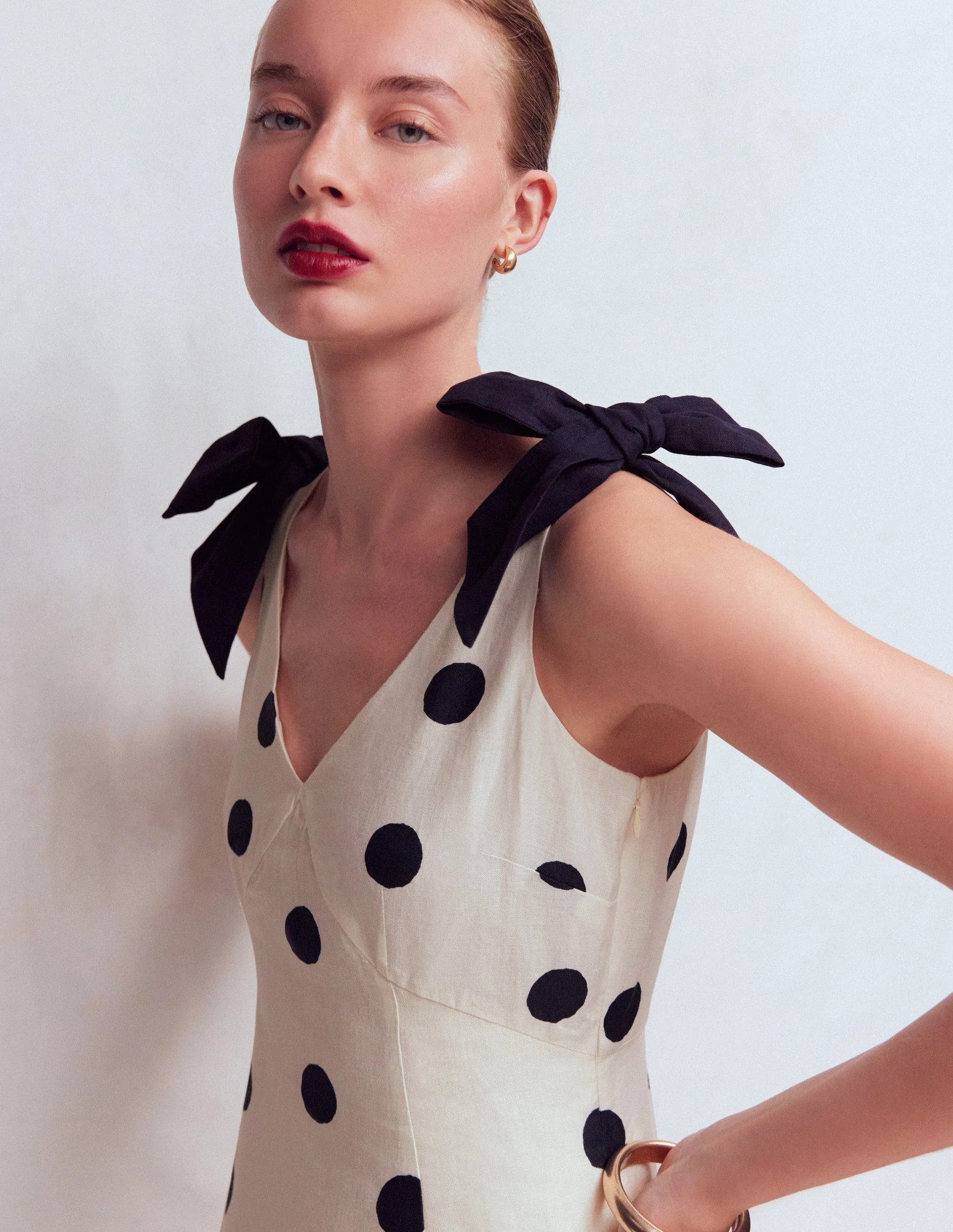 Bow Detail Linen Empire Dress-Ivory Painted Dot Spaced | Boden (US)