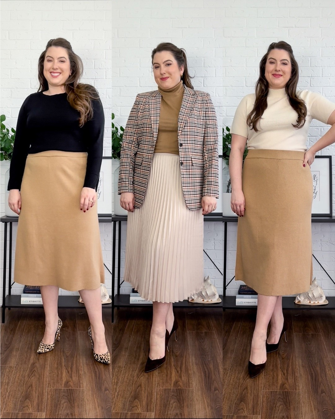 3 Workwear Outfit Ideas for a Camel Skirt 

I’ve linked similar styles for these outfits 

Womens business professional workwear and business casual workwear and office outfits midsize outfit midsize style 

#LTKStyleTip #LTKWorkwear #LTKSeasonal