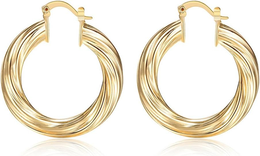 LANG XUAN 18K Gold Plated Hoop Earrings for women Trendy Twisted Huggie Hoops Earrings Lightweigh... | Amazon (US)