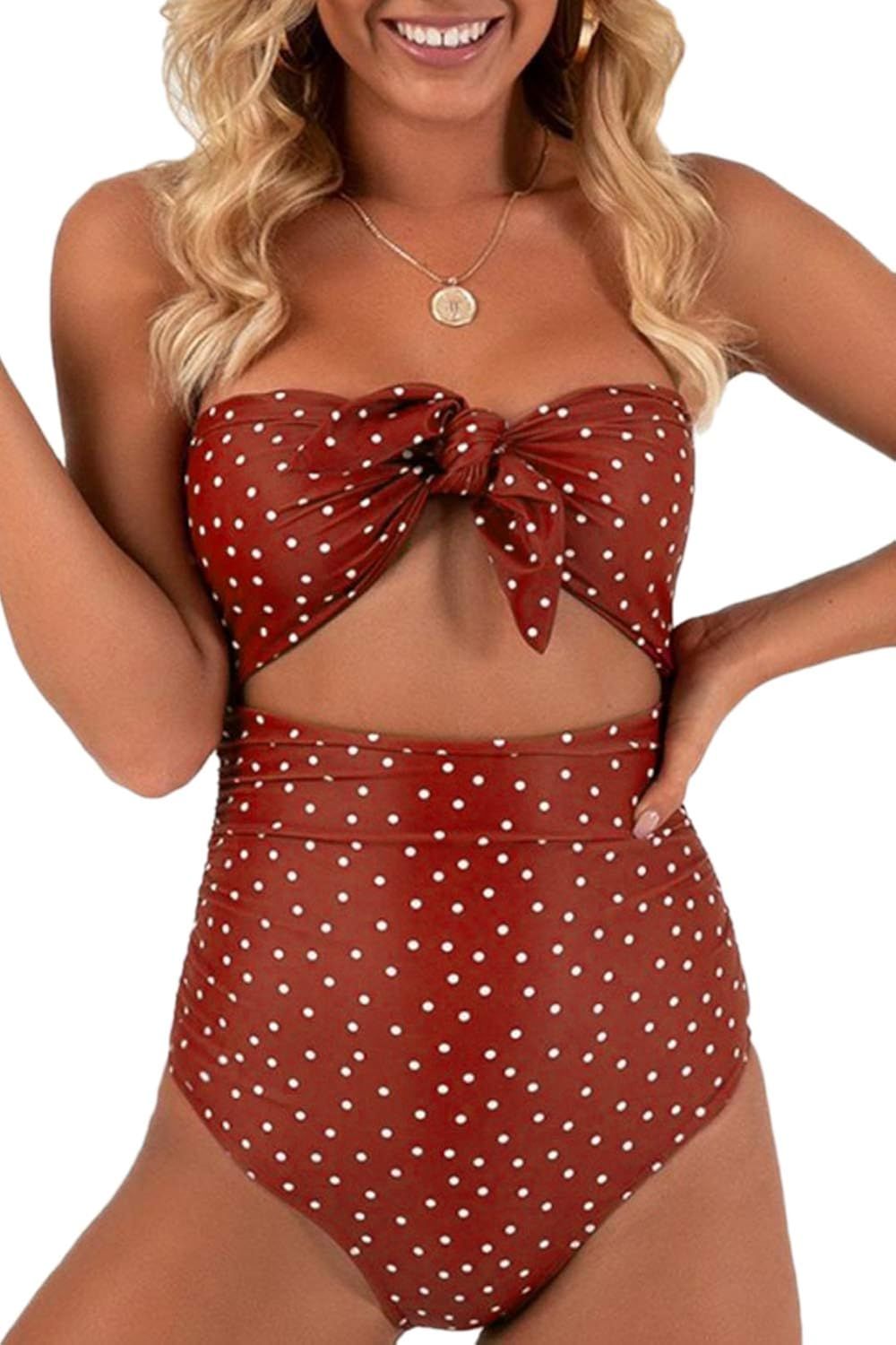 QINSEN Womens Sexy Strapless Tie Knot Front High Waist One Piece Swimsuit | Amazon (US)