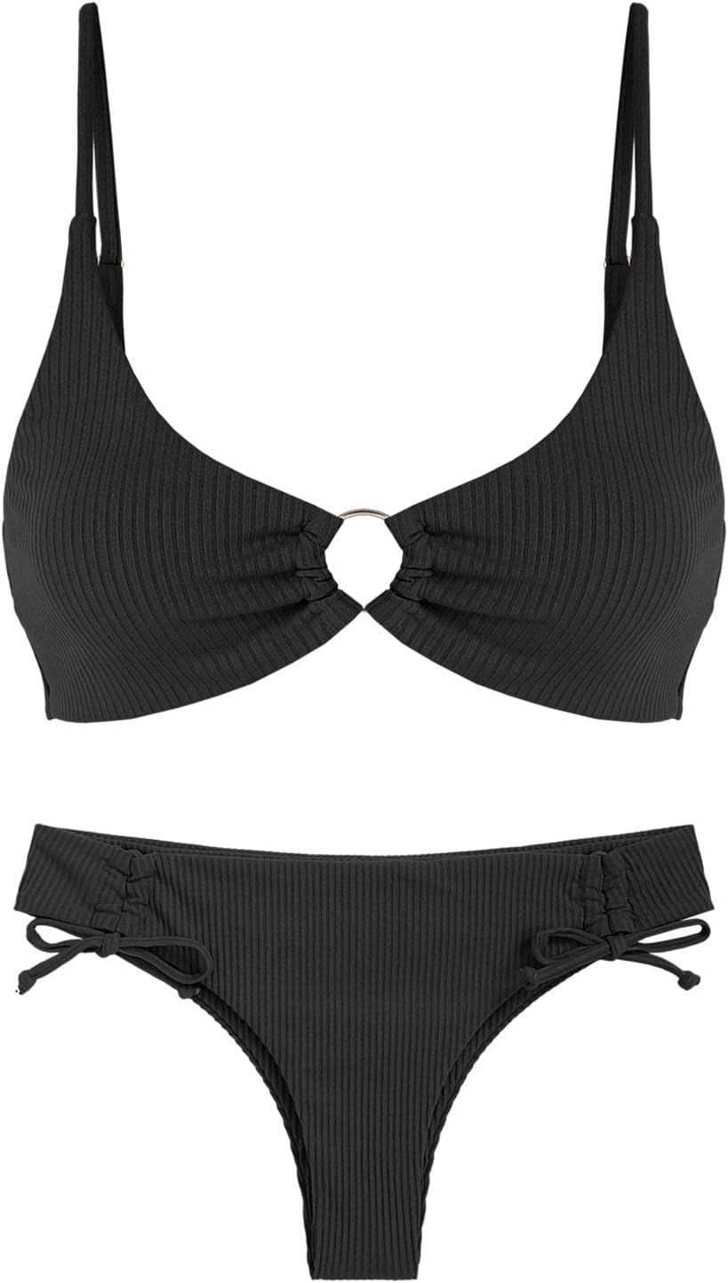 ZAFUL Women's Ribbed O Ring Bikini Set Tie Side Cheeky Swimwear Ruched Cinched Swimsuit Two Piece... | Amazon (US)