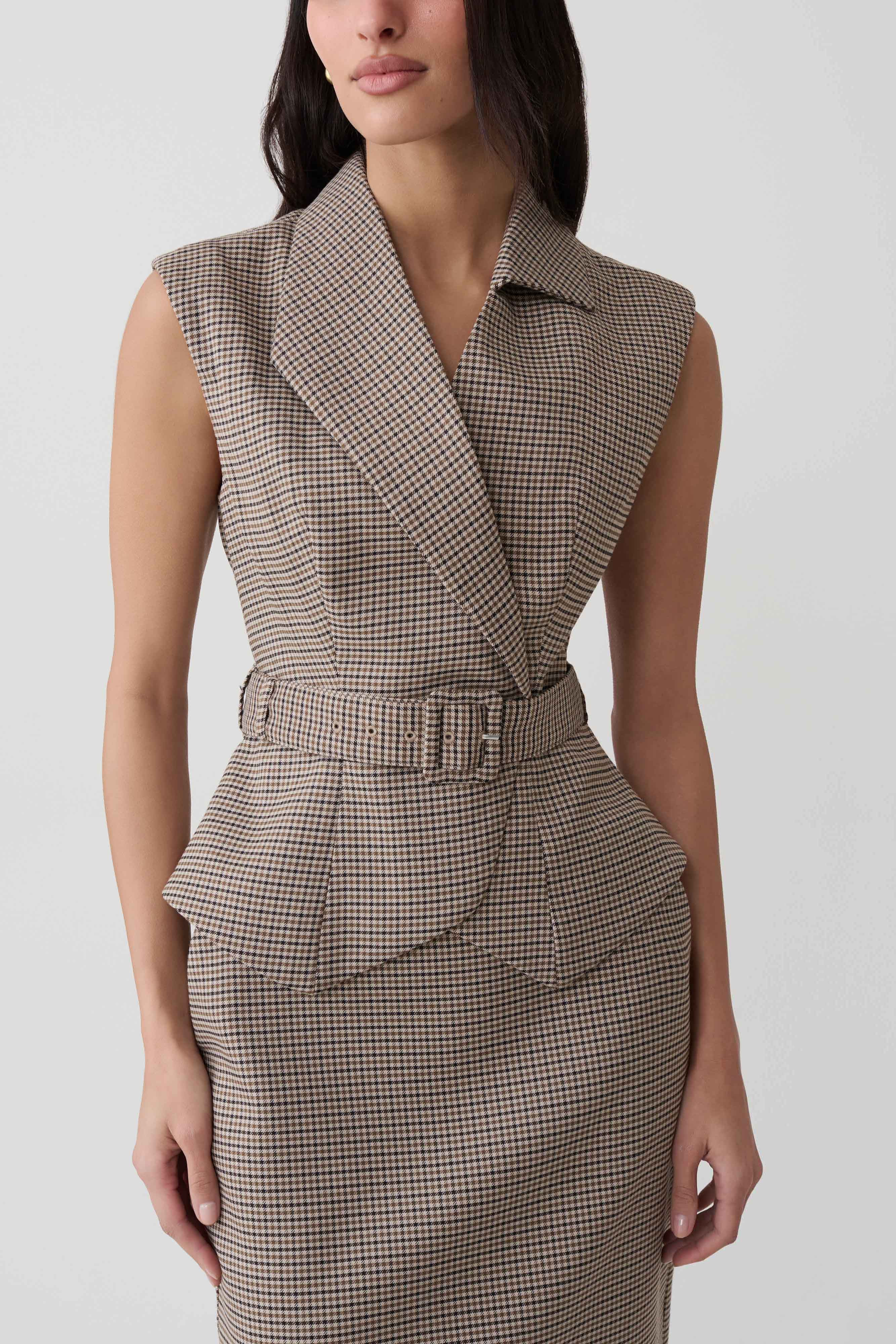 Gisella Suiting Asymmetrical Vest / Tan Check | MESHKI | L | Meshki UK