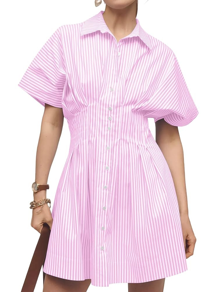 Women Button Front Pleated Shirt Dresses Summer Casual Short Sleeve Pleated Blouse Mini Dress | Amazon (US)
