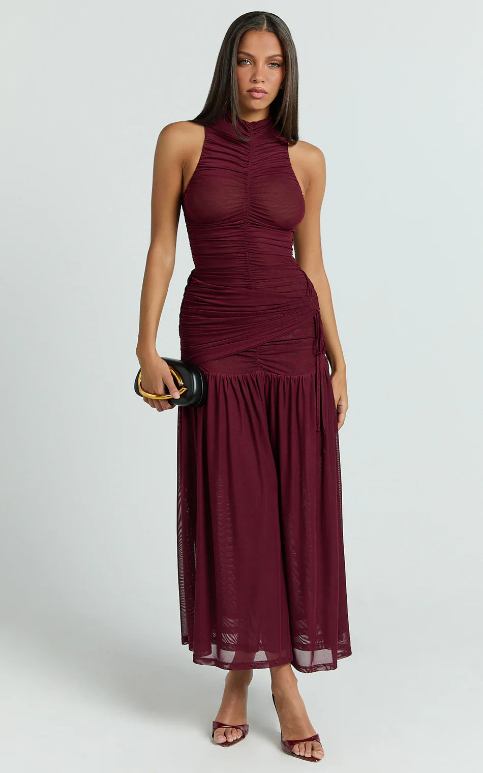 Metzie Maxi Dress - High Neck Gathered Mesh Dress in Burgundy | Showpo (US, UK & Europe)