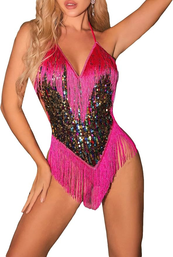 WDIRARA Women's Contrast Sequins Fringe Trim Halter Neck Tie Back Sleeveless Party Bodysuit Rompe... | Amazon (US)