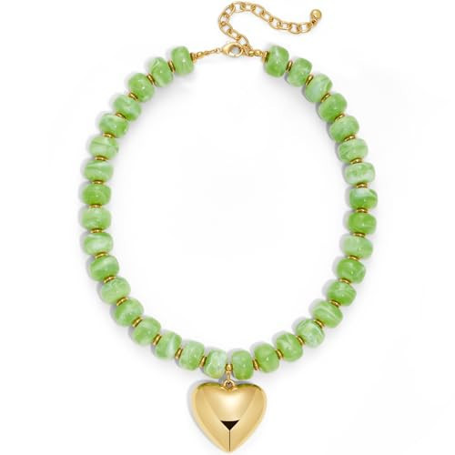 FAUTHENTICUTE Green Beaded Choker Necklace for Women With Gold Heart Pendant Heart Statement Necklace Chunky Boho Jewelry Gift | Amazon (US)