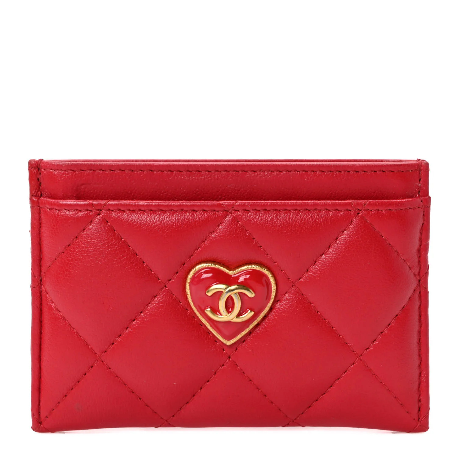 Lambskin Quilted Resin CC Heart Card Holder Red | FASHIONPHILE (US)