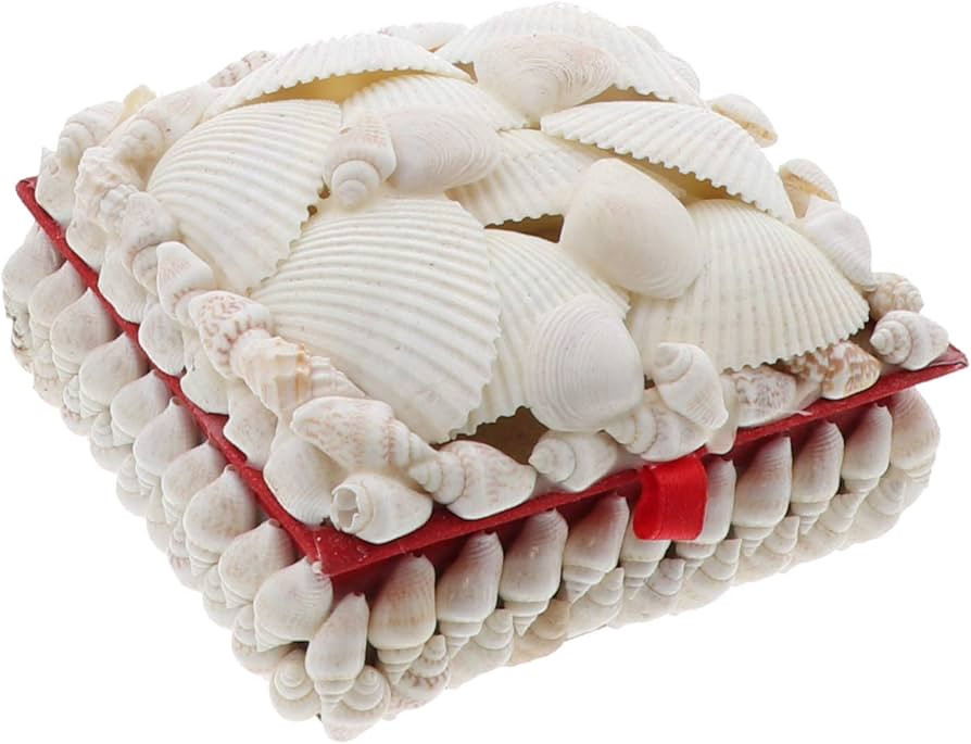 Li'Shay White Seashell Covered Jewelry Trinket Box Treasure Box - 4 Inch - Square with Red Lining | Amazon (US)