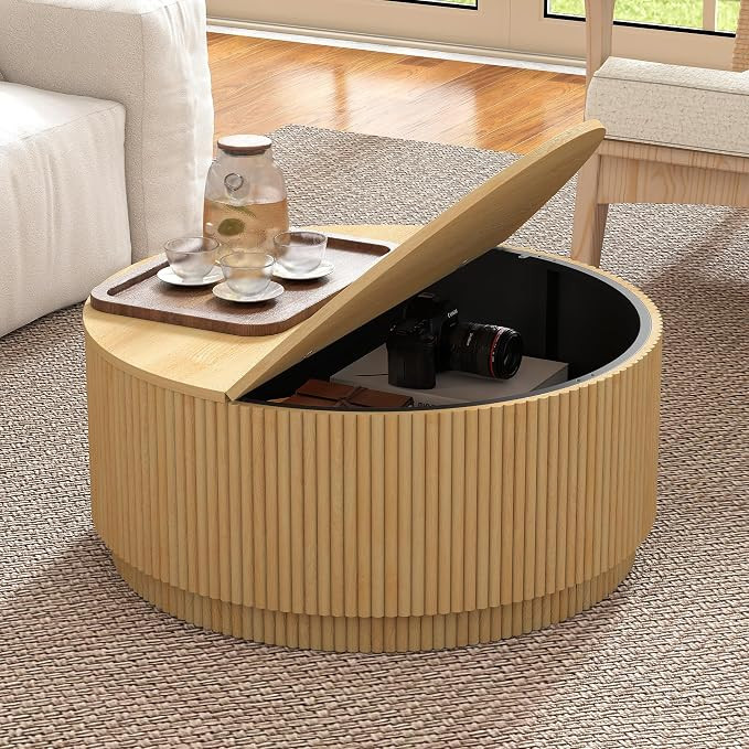 LEVNARY 31.5" Round Coffee Table with Storage, Boho Coffee Tables with Fluted Base, Wooden Circle... | Amazon (US)