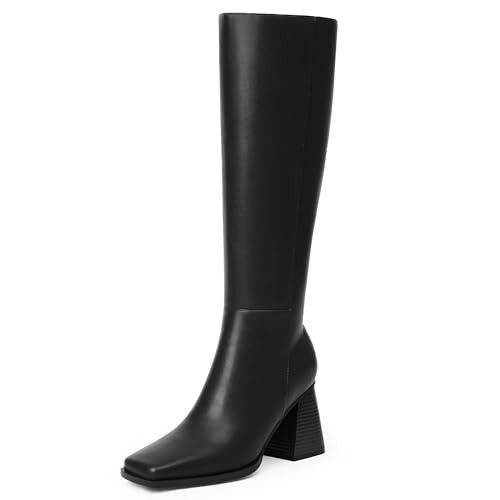 Easyfox Knee High Black Boots Women Square Toe Tall Boots Chunky Block High Heel Black Leather Boots Women Black Knee High Boots for Women Side Zipper Long Boots Size 11 | Amazon (US)