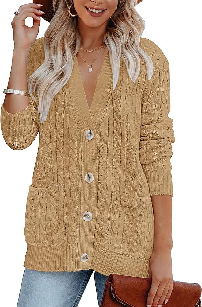 MEROKEETY Women's 2023 Long Sleeve Cable Knit Button Cardigan Sweater Open Front Outwear Coat wit... | Amazon (US)