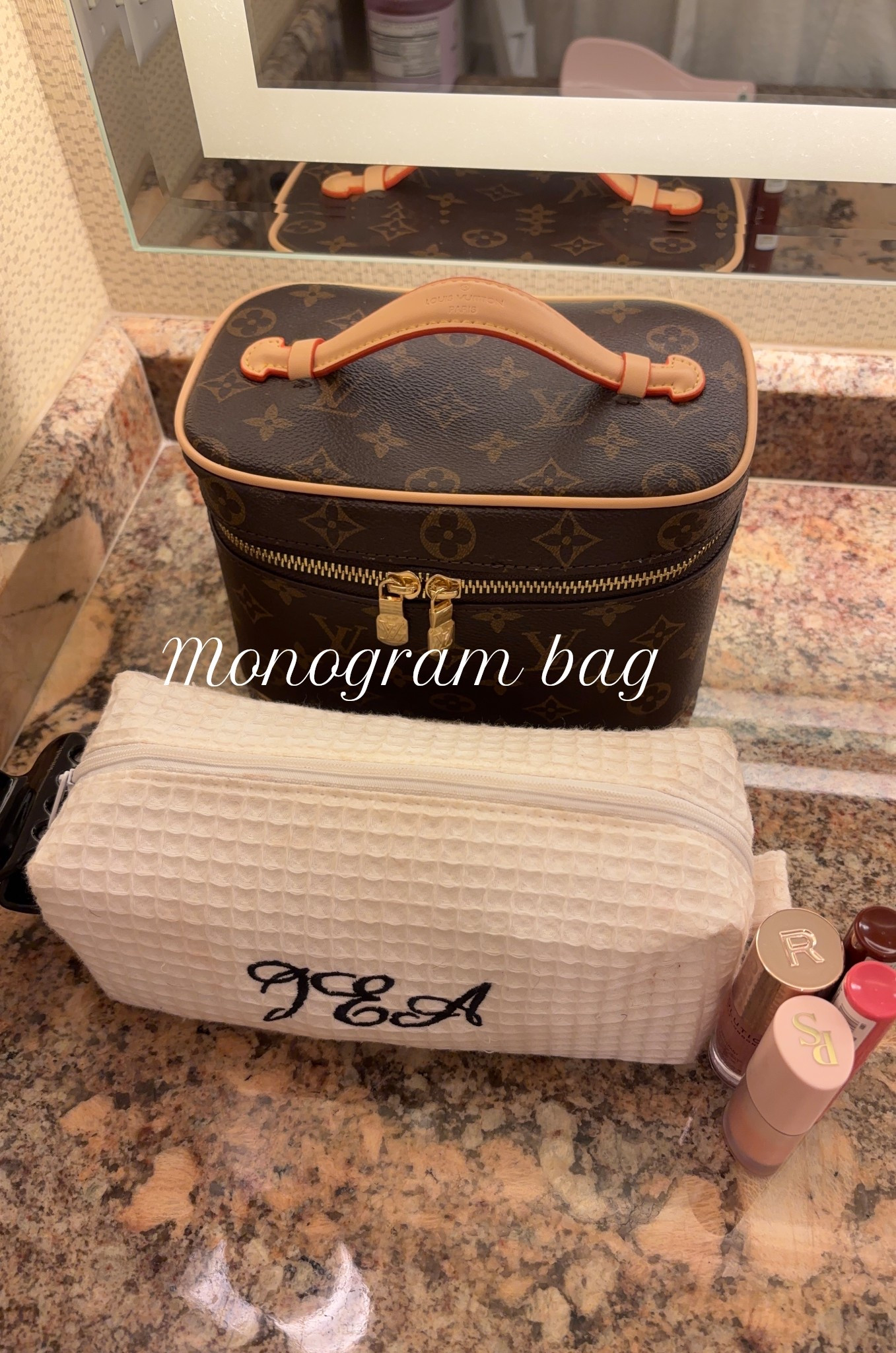 I love this cosmetic bag it’s so cute for travel! You can customize color, font, and letters.  #amazonfind #personalized 