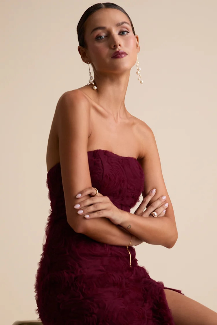 Amalia Burgundy Textured Strapless Maxi Dress | Lulus