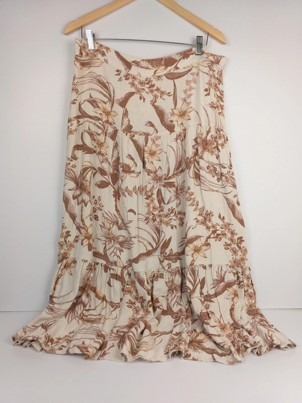 Anko Sz 16 Tiered Skirt Womens Cream Brown Floral A-Line Elastic Waist Viscose | eBay AU