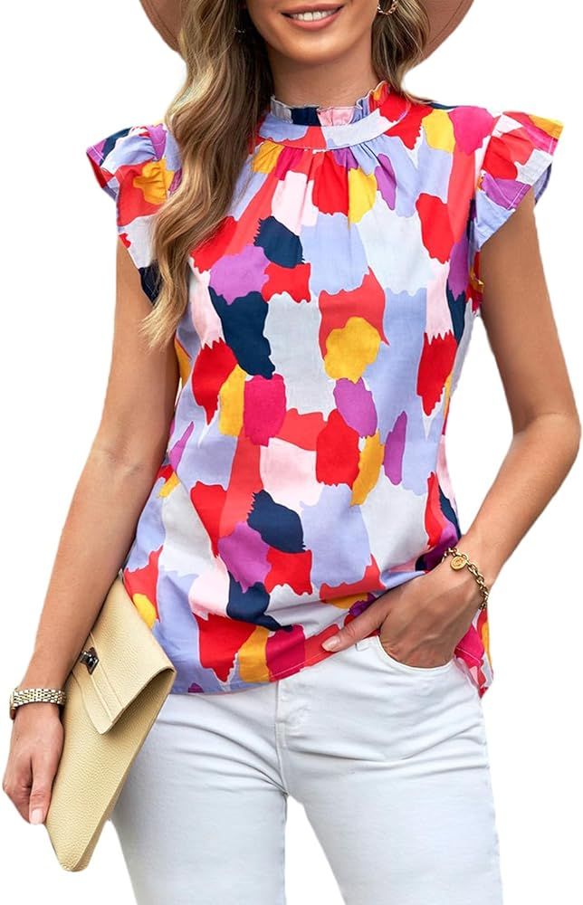 TimeMark Women's Summer Ruffle Trim Neckline Tank Tops Double Lined Sleeveless Chiifon Shirts Blo... | Amazon (US)