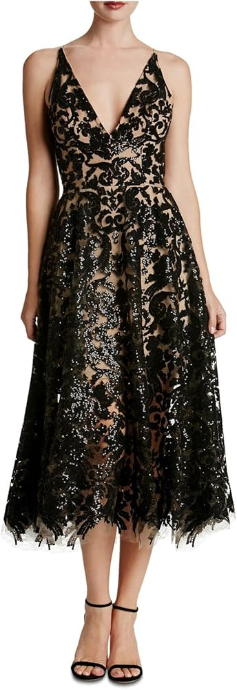 Dress the Population Women's Blair Plunging Fit and Flare Midi Dress | Amazon (US)