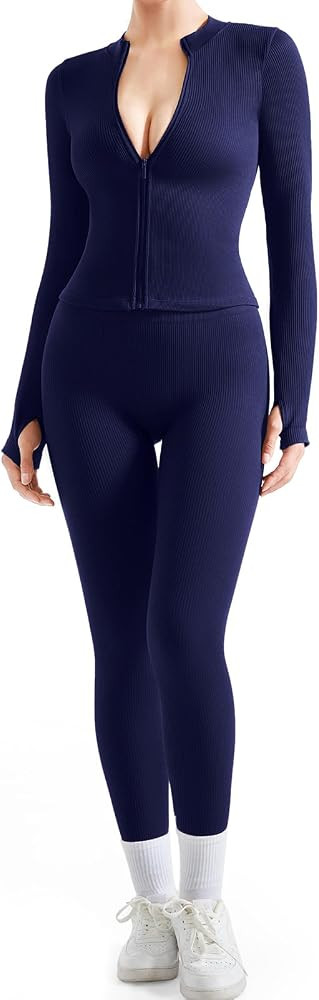 SUUKSESS Women 2 Piece Seamless Ribbed Workout Sets With Zip Up Jacket High Waisted Gym Yoga Legg... | Amazon (US)
