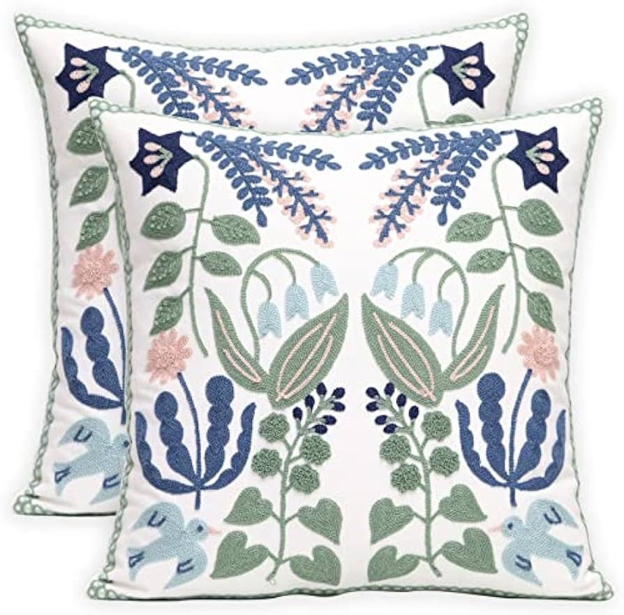 Set of 2 Farmhouse Floral Throw Pillow Covers 18x18 inch - Embroidered Decorative Pillowcases for... | Amazon (US)