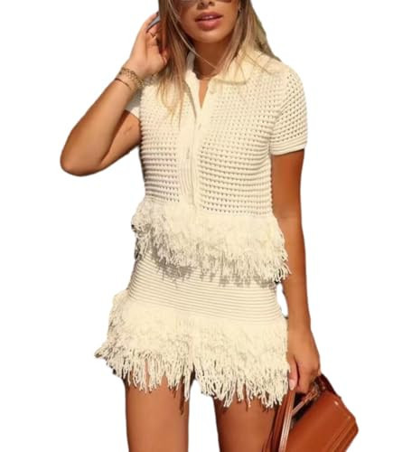 NIFTRIRY Fringe Crochet Sets Two Piece Women Polo Shirt Button with Skirt Sets Women 2 Piece Outfits | Amazon (US)