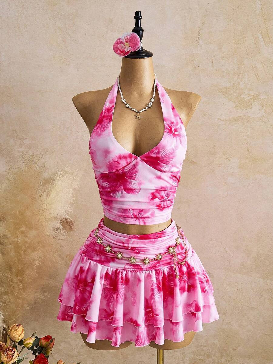Bellisia Women's Floral Print Pleated Halter Neck Camisole And Mini Skirt 2-Piece Vacation Set | SHEIN