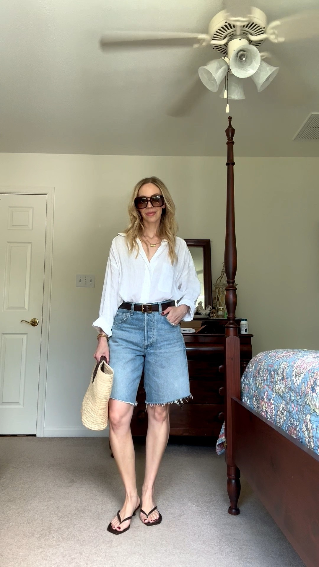Summer outfits over 40, denim bermuda shorts, classic summer style, Le Tanneur straw tote bag

#LTKootd #LTKOver40 #LTKSeasonal