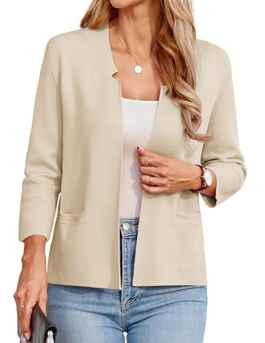 GRACE KARIN 3/4 Sleeve Short Blazers for Women Casual Work Open Front Cropped Knit Blazer Jackets for Women S Beige | Amazon (US)