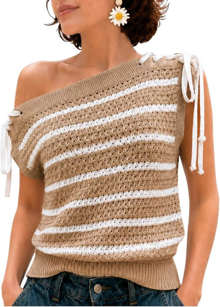 Women's Sweater Vest Striped Pullover Crew Neck Cap Sleeve Knit Sweater 2026 Spring Lightweight S... | Amazon (US)