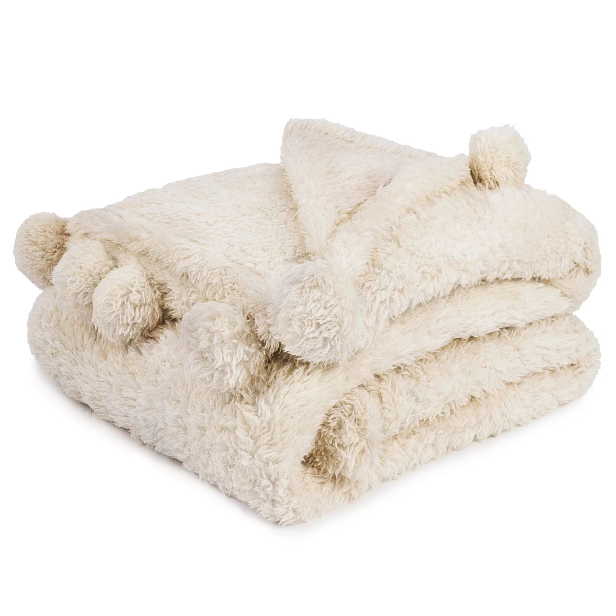 PAVILIA Ivory Cream Sherpa Throw Blanket with Soft Pom Pom Fringe, Plush Cozy Warm Blankets for C... | Walmart (US)