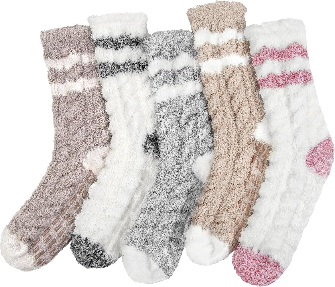 Fuzzy Socks with Grips for Women, 5 Pairs Soft Fluffy Sleep Cozy Hospital Socks Non Skid Plush Sl... | Amazon (US)