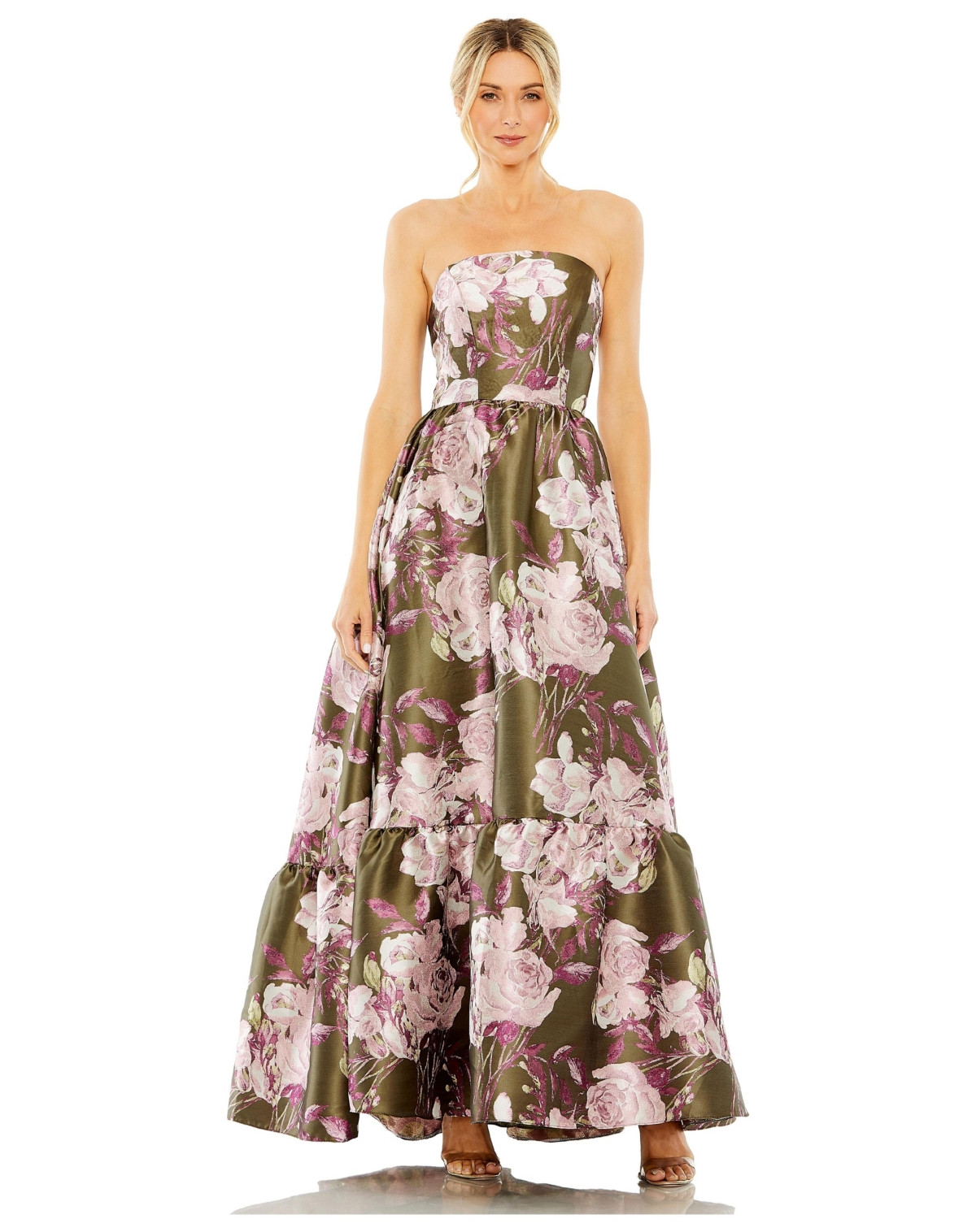 Mac Duggal Women's Strapless Bottom Ruffle Floral Gown - Olive multi | Macy's
