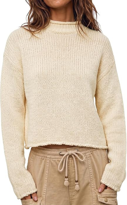 Cicy Bell Womens Striped Sweater Rolled Mock Neck Cropped Fall Knit Tops | Amazon (US)