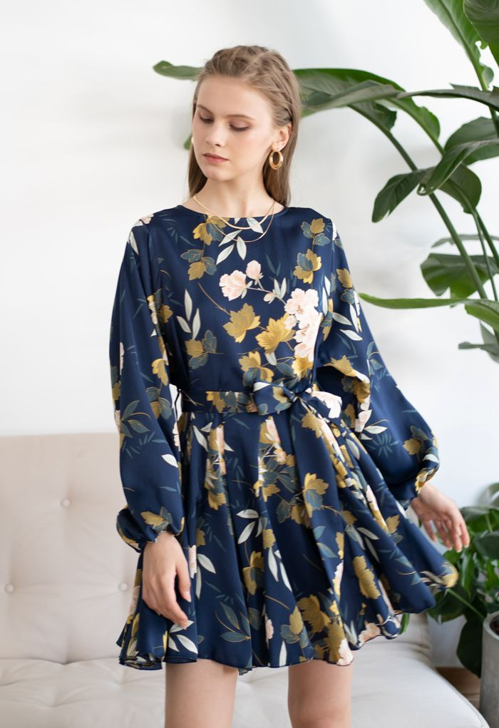 Navy Floral Printed Bubble Sleeves Frilling Dress | Chicwish