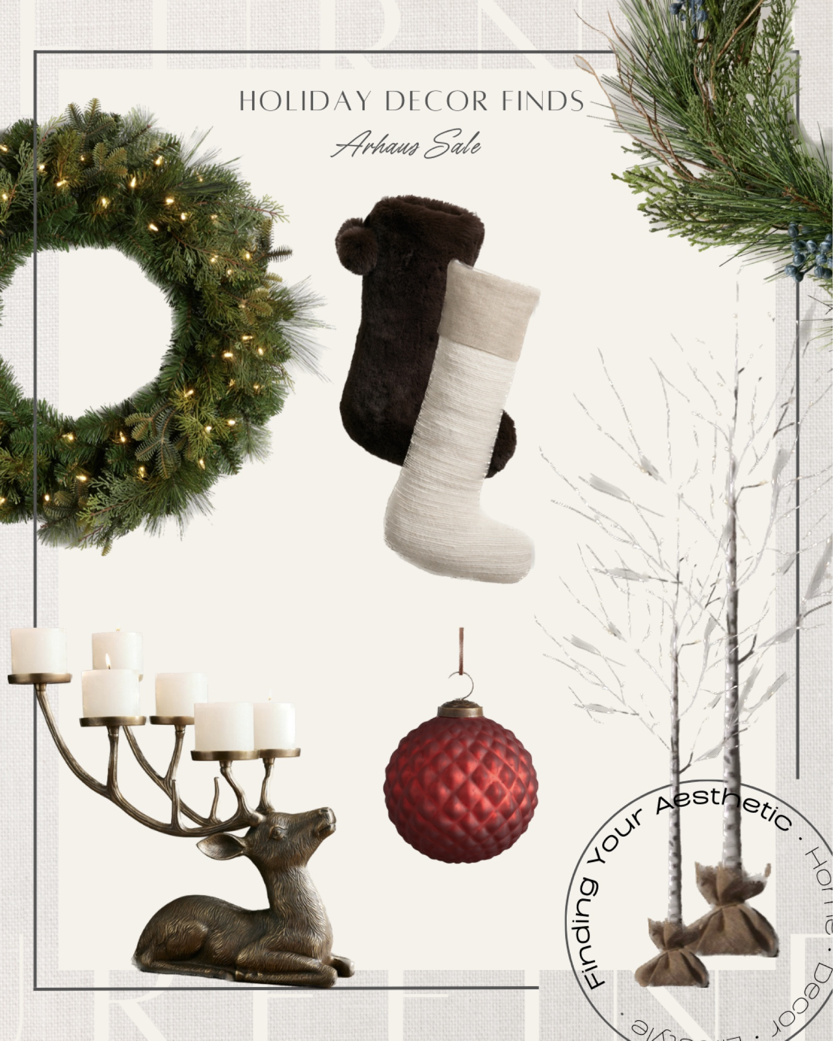 Arhaus holiday décor finds on sale. Great deals on these classic and timeless designer pieces for an elegant Christmas. 

Stag candle holder, Mercury glass ornament, twinkle trees, LED birch trees, cedar Garland, holiday Garland, faux green wreath, pre lit holiday wreath, wreath for front door, neutral stockings, faux fur stockings, Christmas decor, Christmas inspo

#LTKHoliday #LTKsalealert #LTKhome