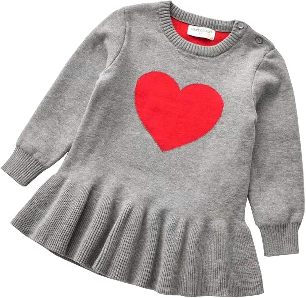 WALLARENEAR Toddler Baby Girl Valentine Dress Kids Heart Long Sleeve Knit Sweater Dress Pleated D... | Amazon (US)