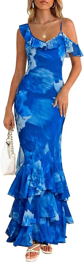 Wenrine Womens Summer Floral Maxi Dress Mesh Spaghetti Strap One Shoulder Casual Ruffle Mermaid B... | Amazon (US)