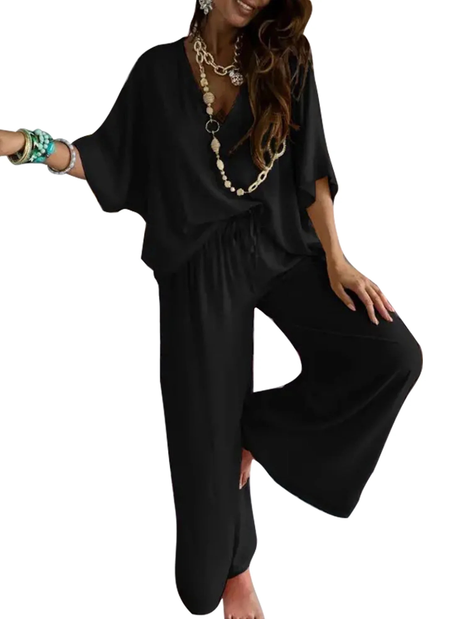 Colisha 2 Piece Outfits Joggers Loungwear for Women  Loose Fit Drawstring Lounge Sets Bat Sleeves... | Walmart (US)