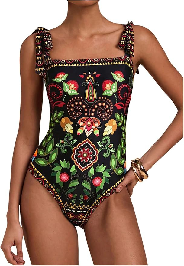 WDIRARA Women's Boho Floral Print One Piece Swimsuit Tie Shoulder Tummy Control Swimwear | Amazon (US)