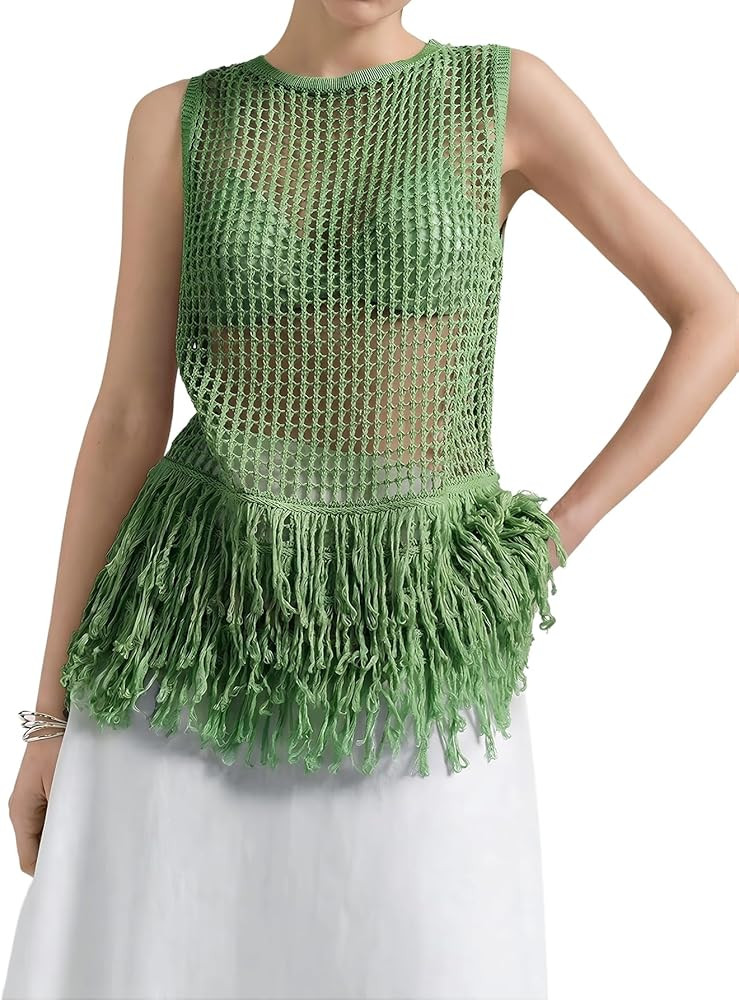 Milumia Women's Fringe Vests Summer Crochet Hollow Out Tank Tops | Amazon (US)