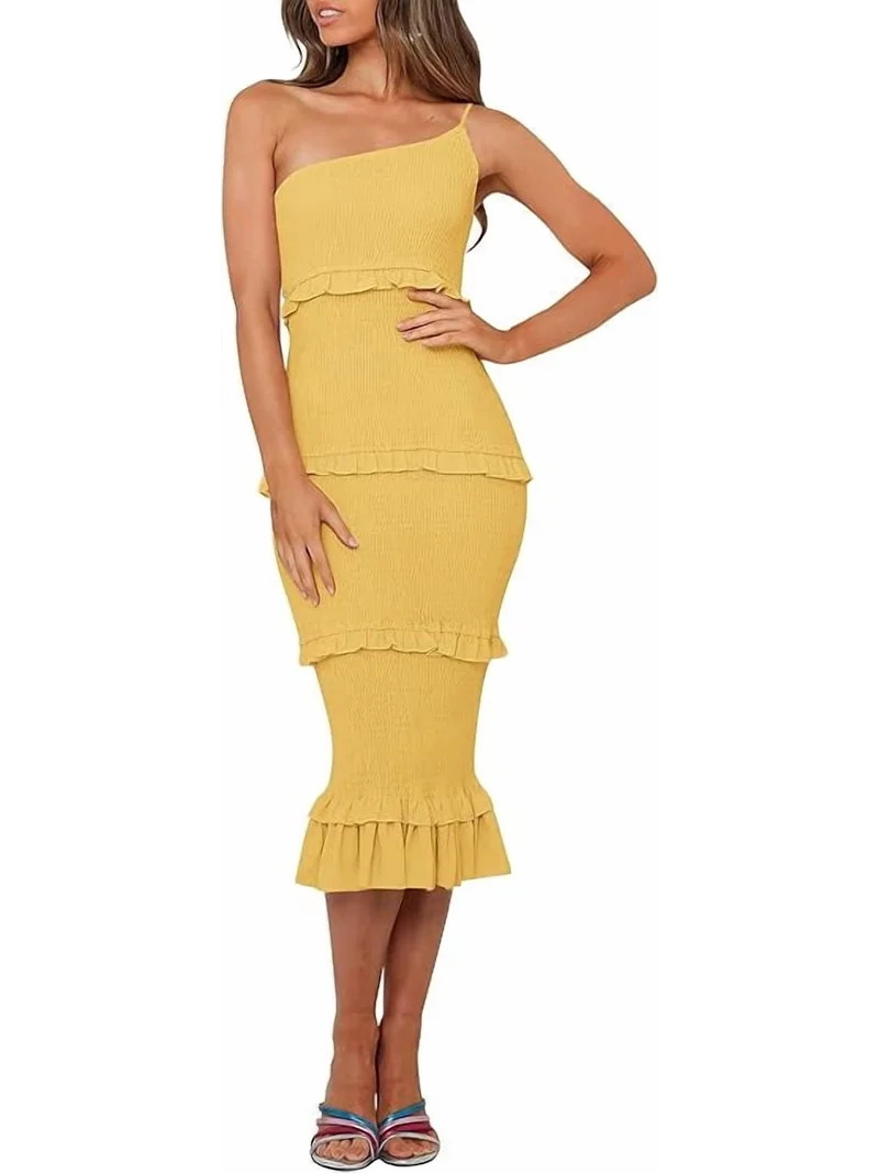 PRETTYGARDEN Women's Summer Midi Bodycon Dresses One Shoulder Strappy Tiered Ruffle Floral Boho S... | Walmart (US)