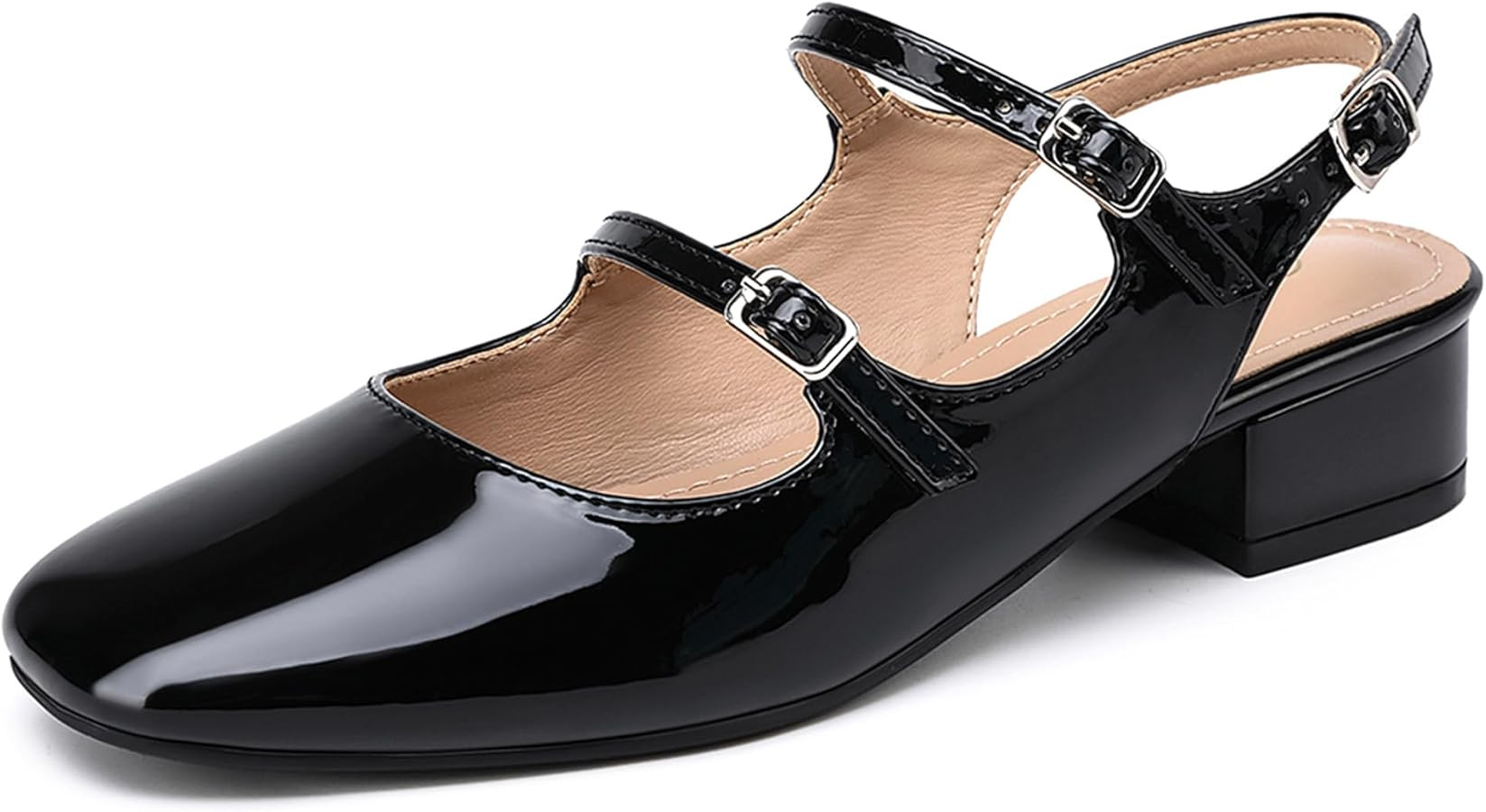 NEWBELLA Women's Mary Jane Pumps, Retro Chunky Low Block Heel, Double Adjustable Ankle Buckle Str... | Amazon (US)