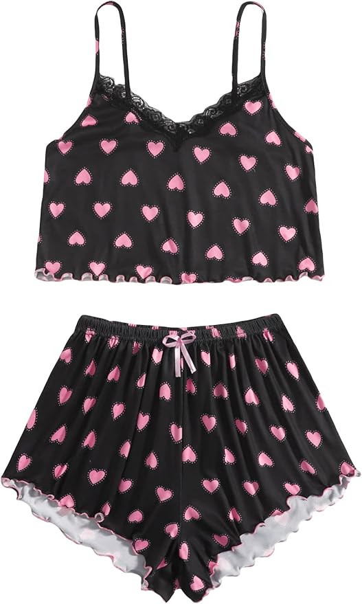 SOLY HUX Women's Sexy Pajama Set Floral Print Lace Trim Cami Top and Shorts V Neck Ruffled Nightw... | Amazon (US)