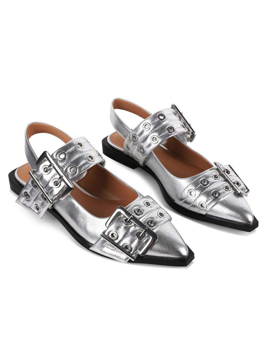 Pointed Toe Slingback Flat Ballet Pumps For Women Fashion Wide Buckle Chunky Heeled Casual Party ... | SHEIN