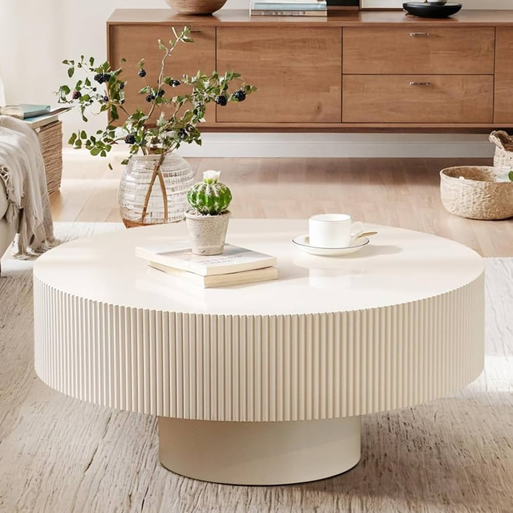 WXFKLDJ Round Drum Coffee Table White Round Fluted Coffee Table Wood Circle Center Table Pedestal... | Amazon (US)